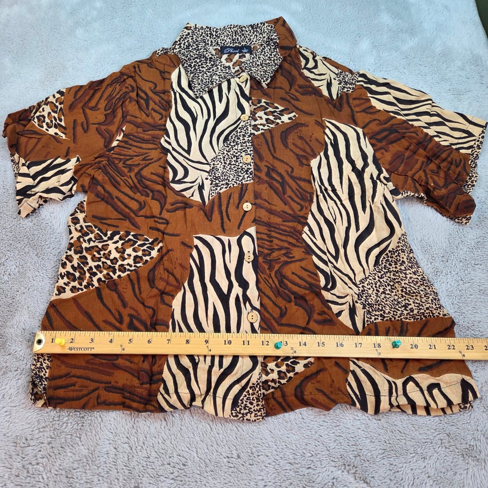 Button Down Shirt Womens L Mixed Animal Print Patchwork Short Sleeve Brown Phool